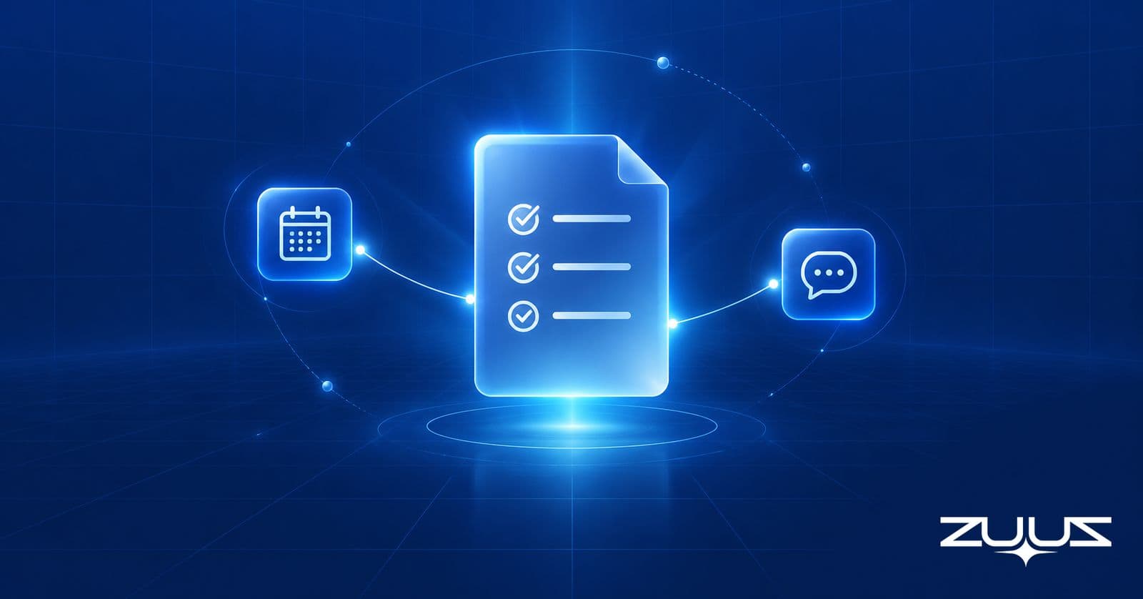 Glowing checklist document linked by light lines to calendar and chat icons on a navy background