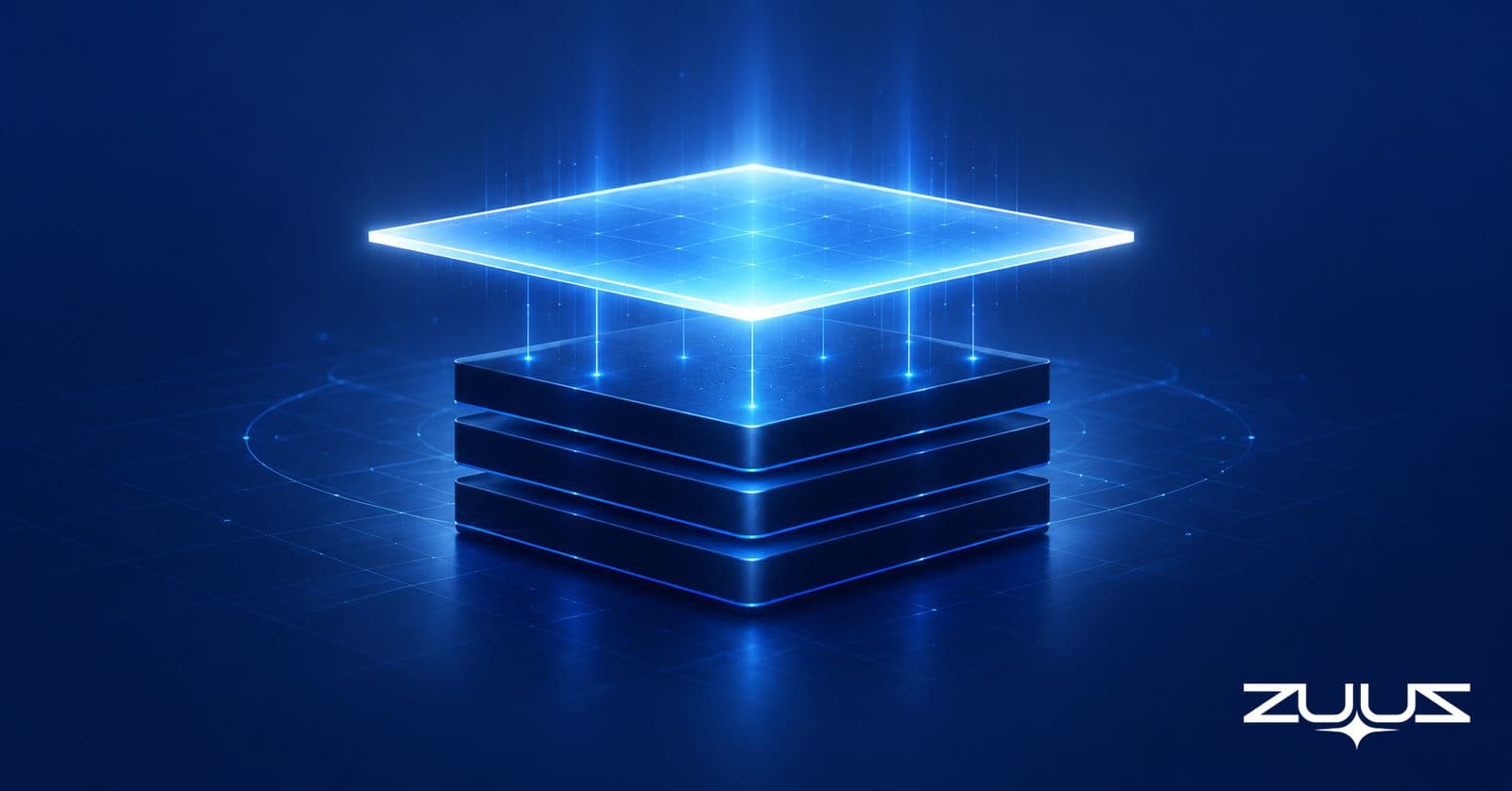 Glowing translucent layer of light above a stack of dark data slabs, linked by thin electric-blue beams