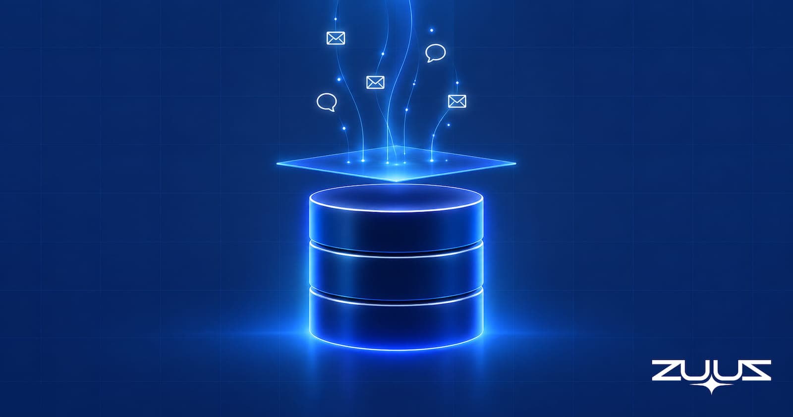 AI layer glowing above a CRM database as email and chat messages flow into it, illustrating AI CRM vs traditional CRM