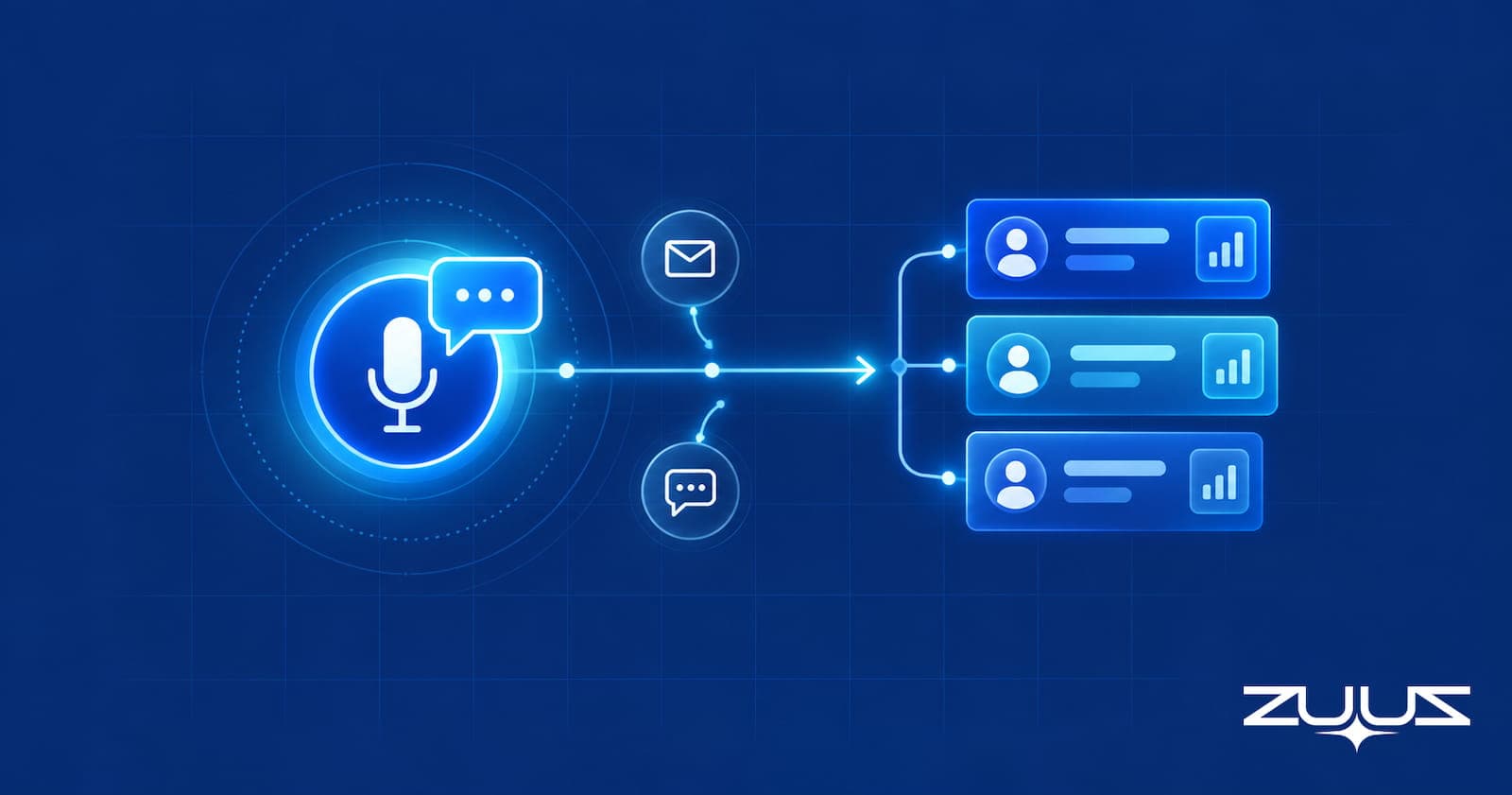 AI sales agent concept: a rep asks a question by voice and gets an answer from email, LinkedIn and CRM records
