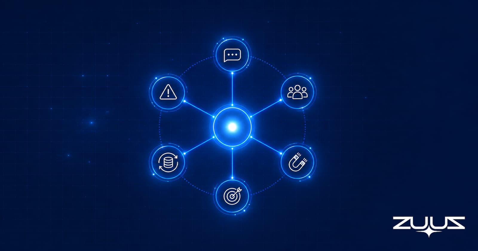 Six connected nodes radiating from a central hub, representing the categories of AI sales tools