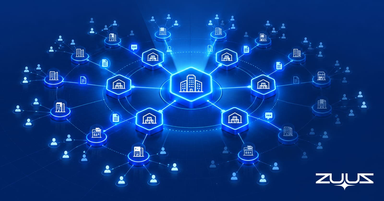 A vendor hub connected to rings of distributors, resellers, MSPs and customers in an IT channel partner network