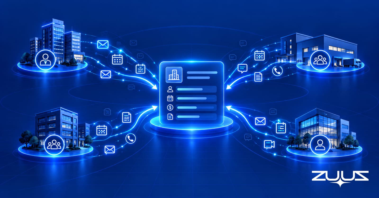 An opportunity record at the center receiving email, calendar, call and message signals from four surrounding company buildings
