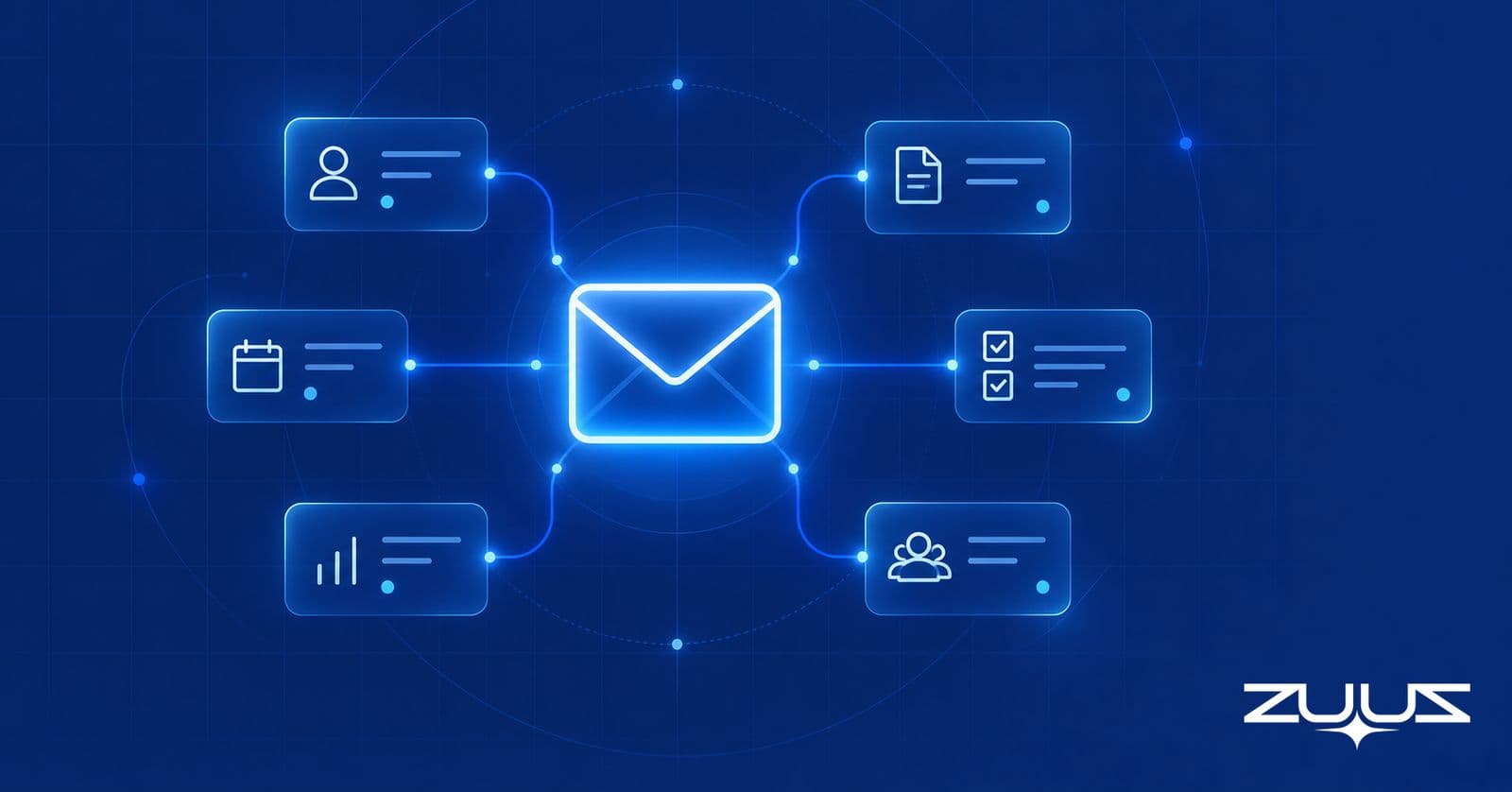Glowing envelope icon connected by light lines to contact, calendar, task and report cards on a navy background