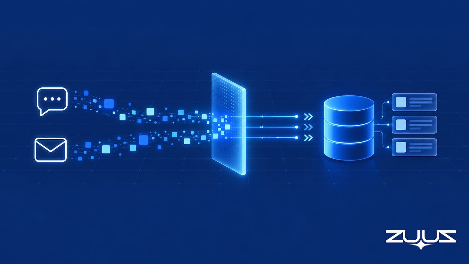 Conversations from LinkedIn messages and an email inbox flowing through an AI layer into structured CRM records