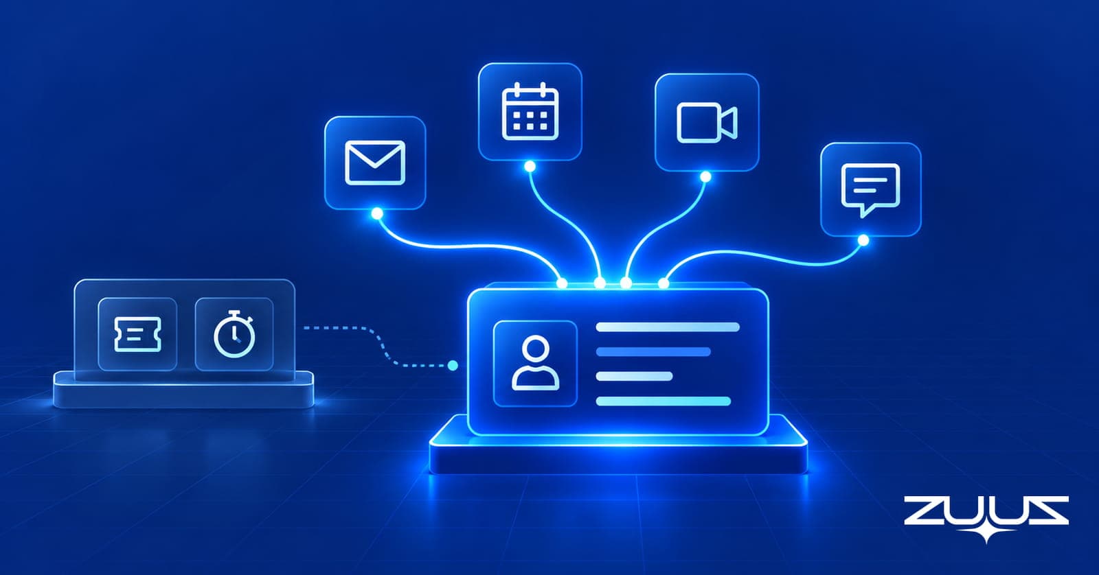 Email, calendar, meeting and message icons sending glowing lines into a client account card, with a dimmer ticket and timer panel off to the side
