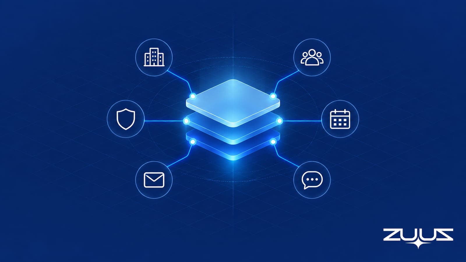 MSP sales pipeline hero illustration: client signals from office, hiring, security, calendar, email and chat connected to a central layered platform
