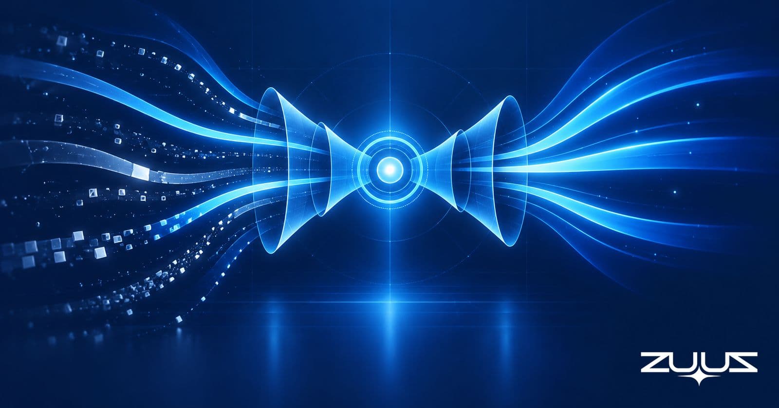 Abstract glowing blue light streams narrowing through a central ring, representing pipeline coverage