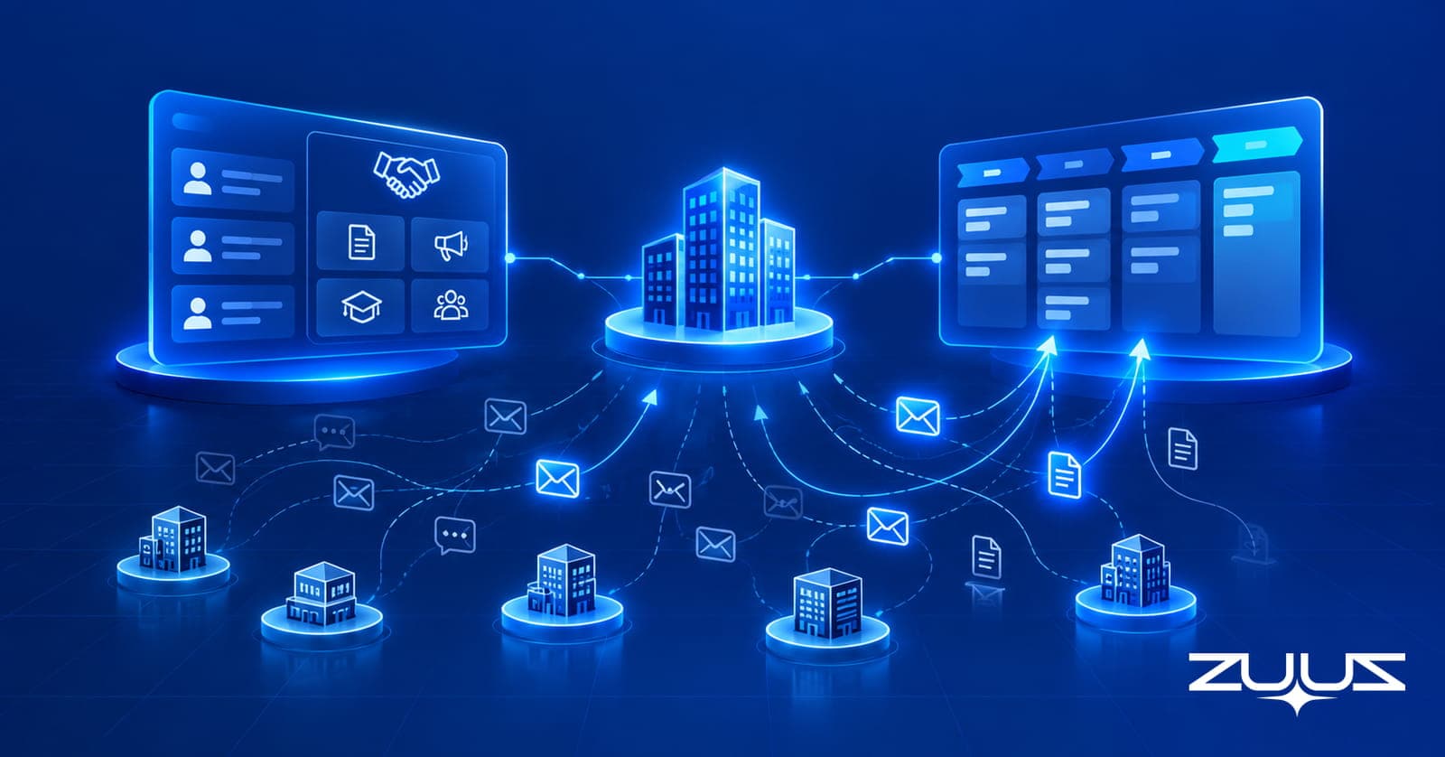 A vendor connected to a partner portal on the left and a CRM pipeline board on the right, with email and document threads from partner offices rising into the pipeline