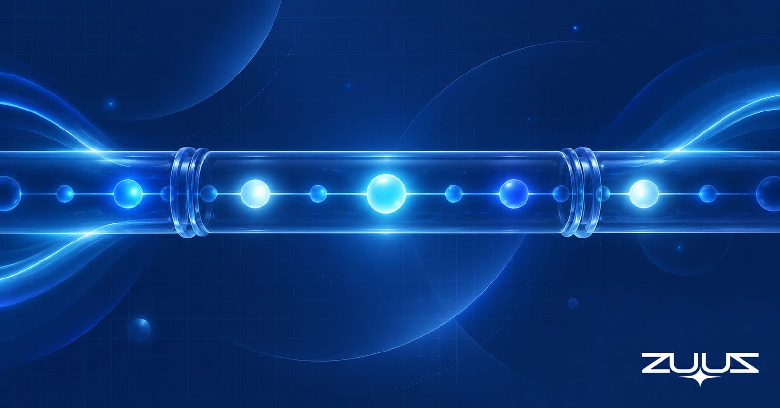 Abstract glass pipeline with glowing nodes, some bright and some dim, on a deep navy background