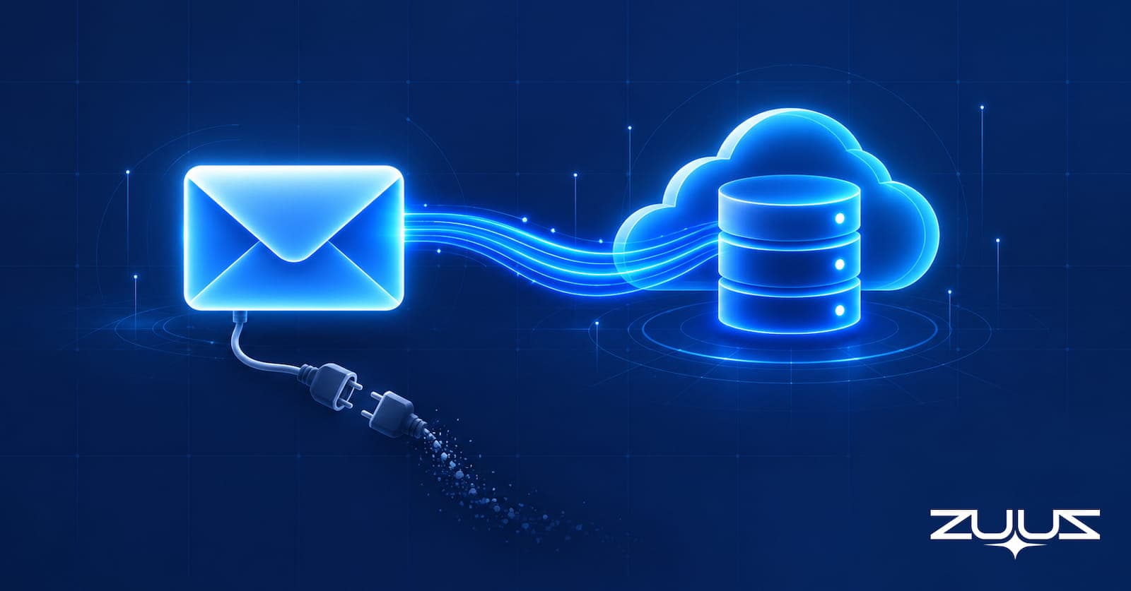 Salesforce for Outlook replacement cover image: an email envelope unplugging from a legacy connector and flowing into a cloud CRM database