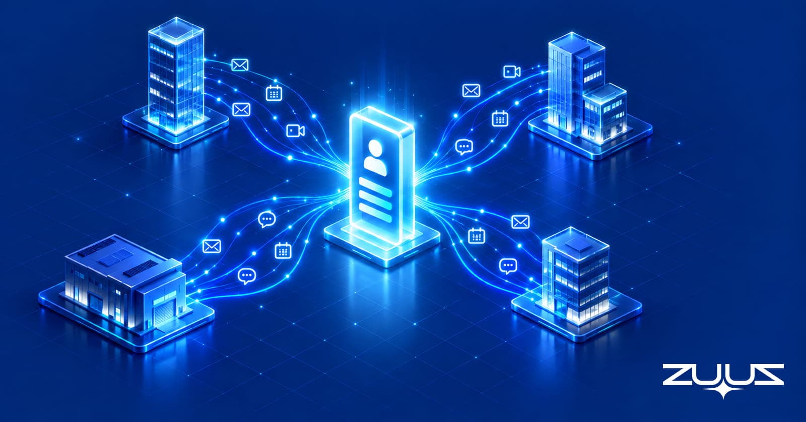 Four connected company buildings sending email, calendar, meeting and message signals into one central deal record