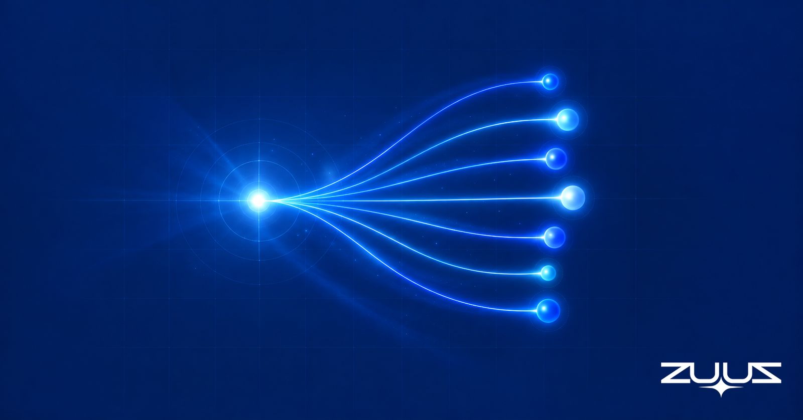 Seven glowing light paths fan out from one bright source, each ending in a softly lit node, on a deep navy background