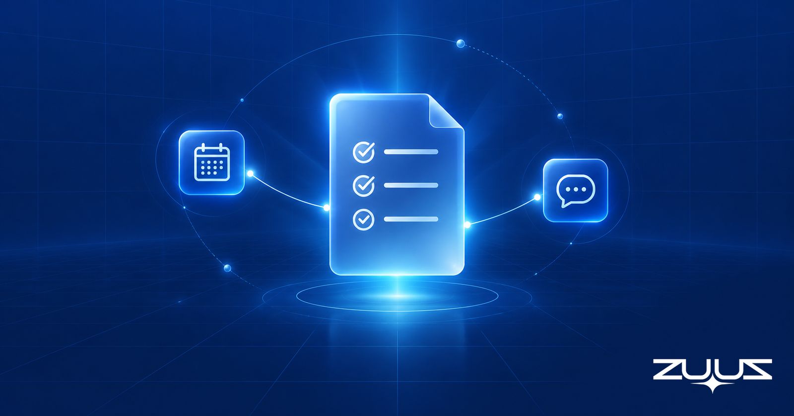 Glowing checklist document linked by light lines to calendar and chat icons on a navy background
