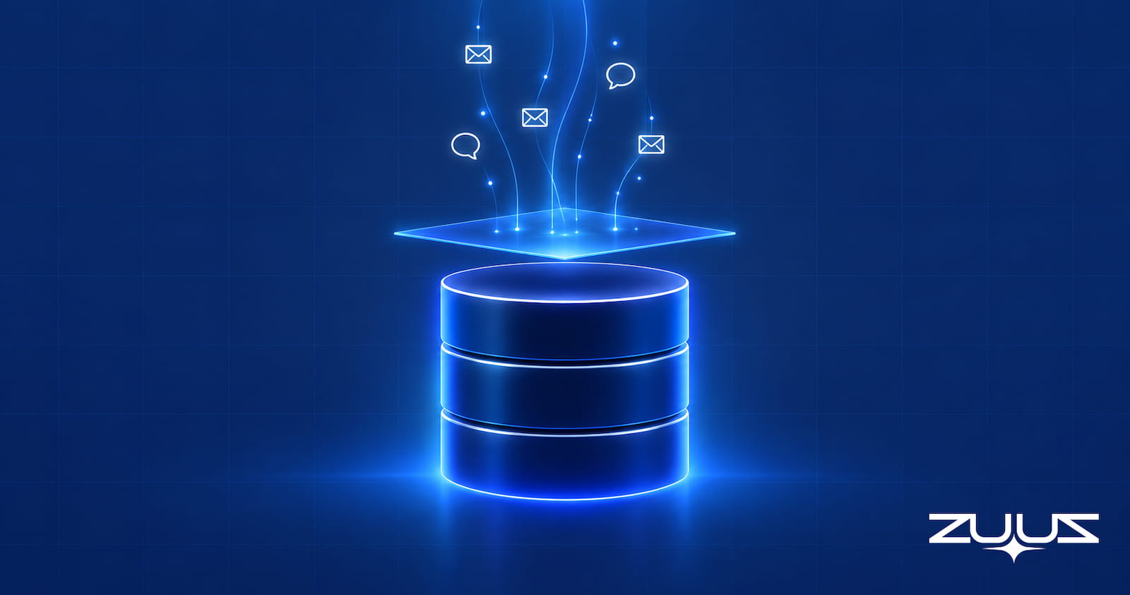 AI layer glowing above a CRM database as email and chat messages flow into it, illustrating AI CRM vs traditional CRM