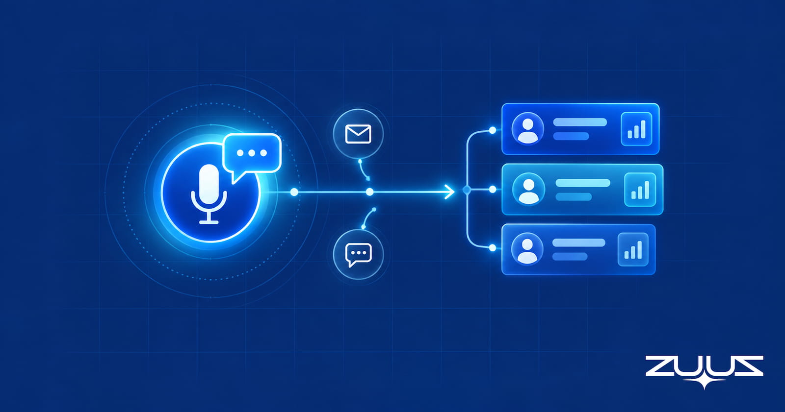 AI sales agent concept: a rep asks a question by voice and gets an answer from email, LinkedIn and CRM records