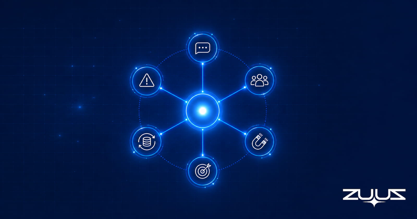 Six connected nodes radiating from a central hub, representing the categories of AI sales tools