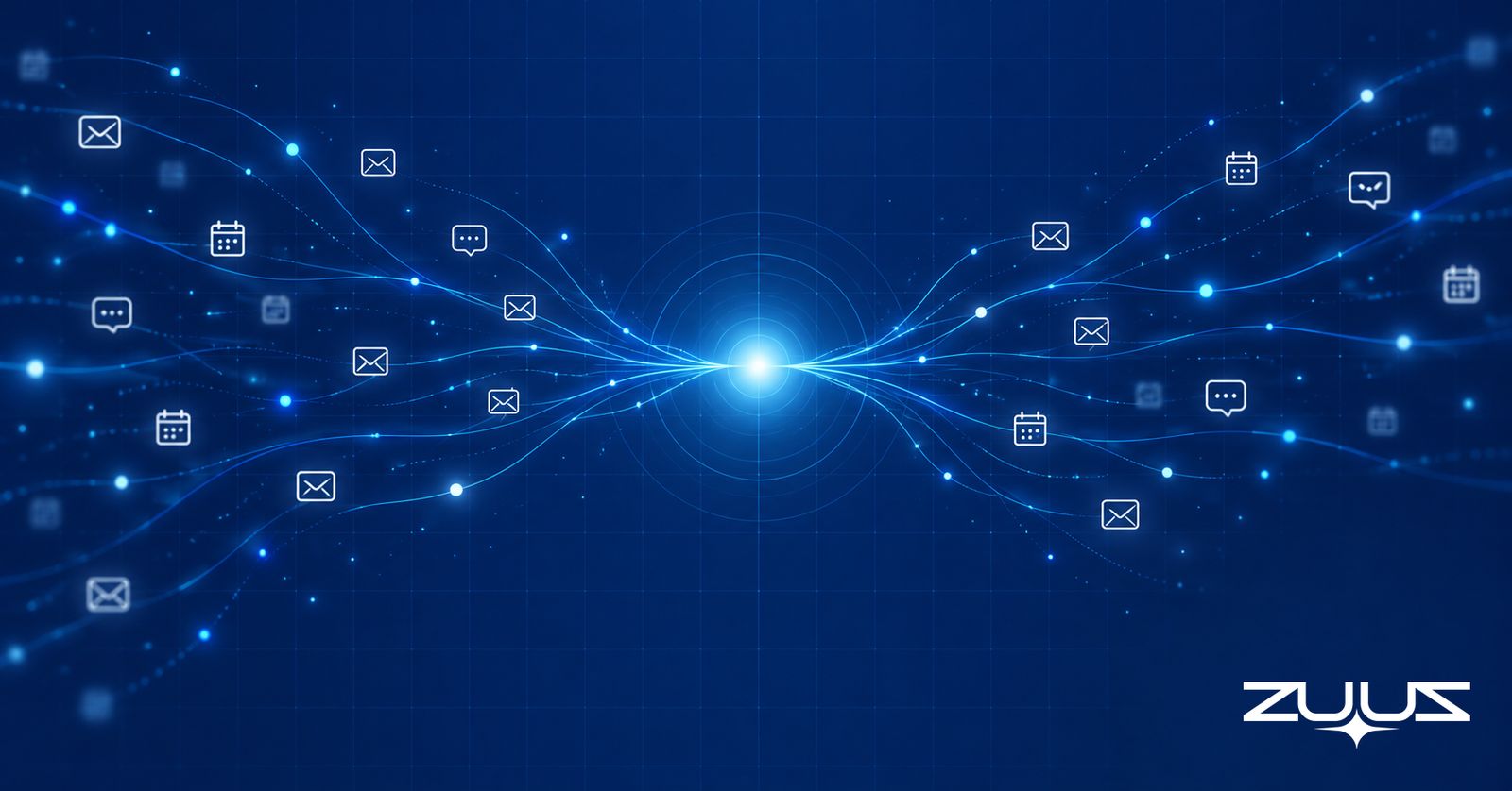 Streams of light carrying email, calendar and chat icons converge into one glowing beacon on a navy background