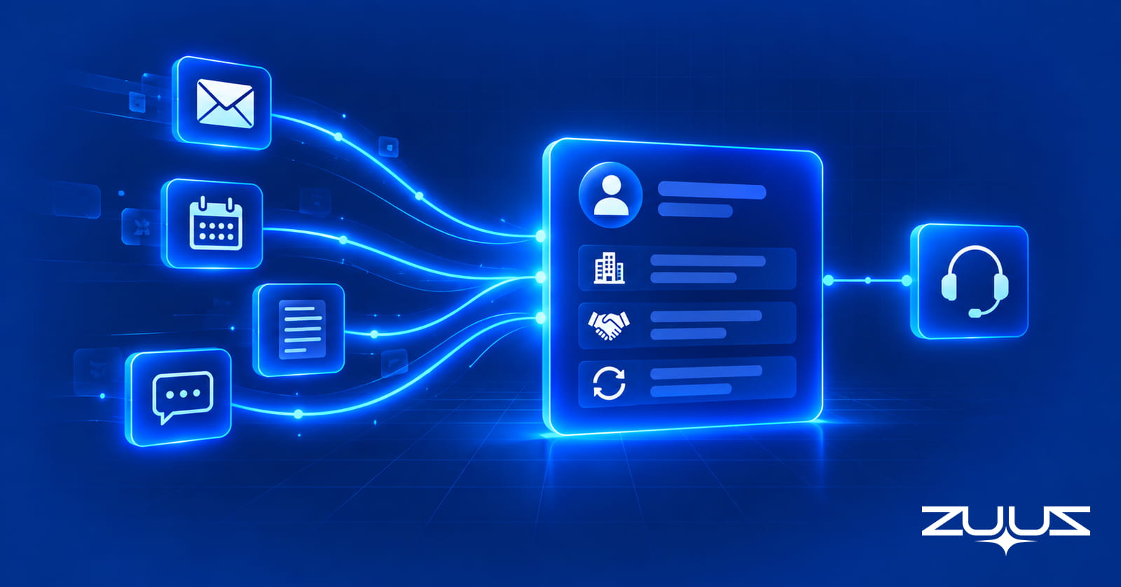 Client emails, calendar invites, meeting notes and messages flowing into a single CRM record that connects to an MSP service desk