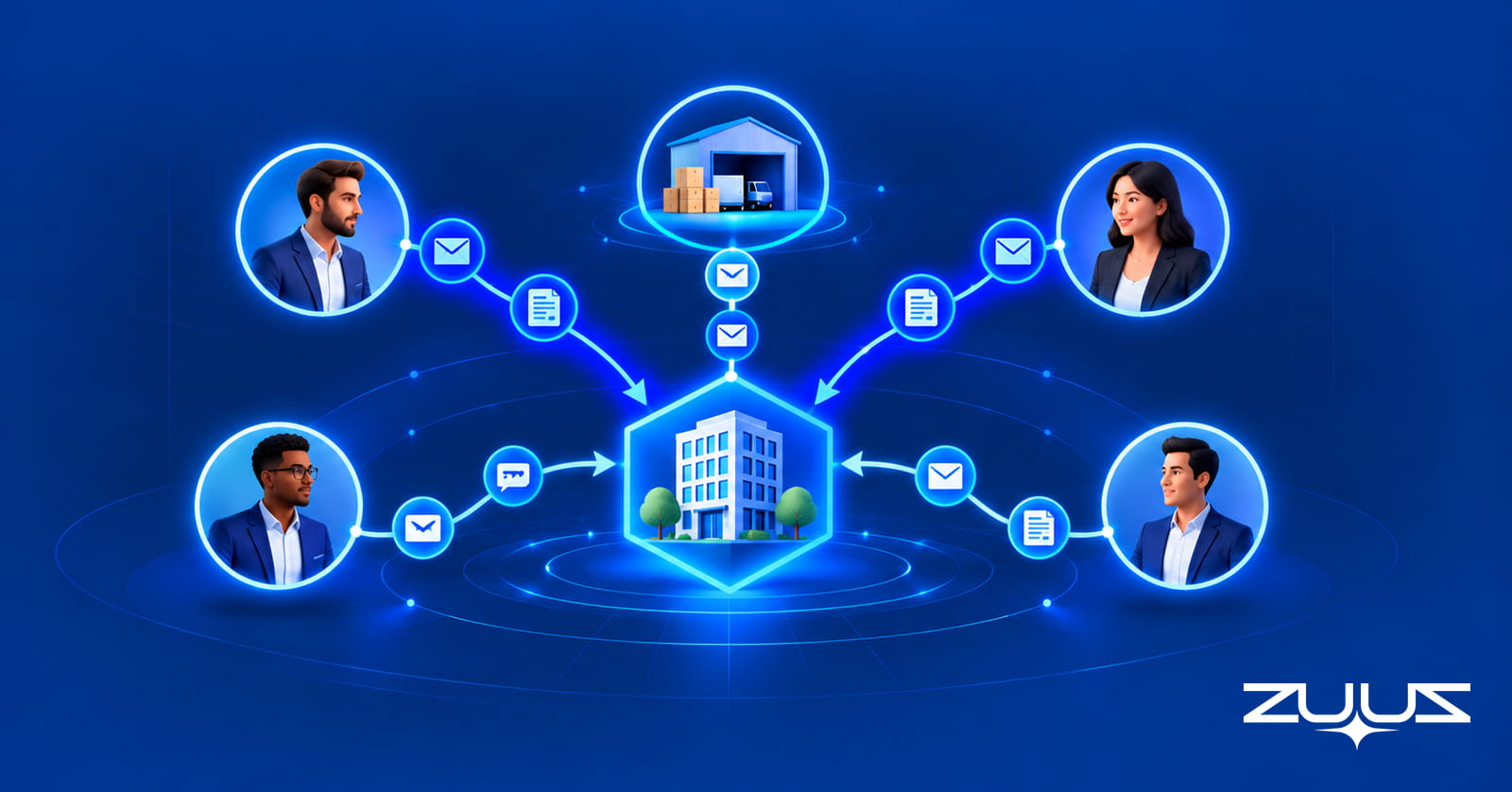 A customer account at the center of converging email and message threads from a vendor rep, a distributor and resellers