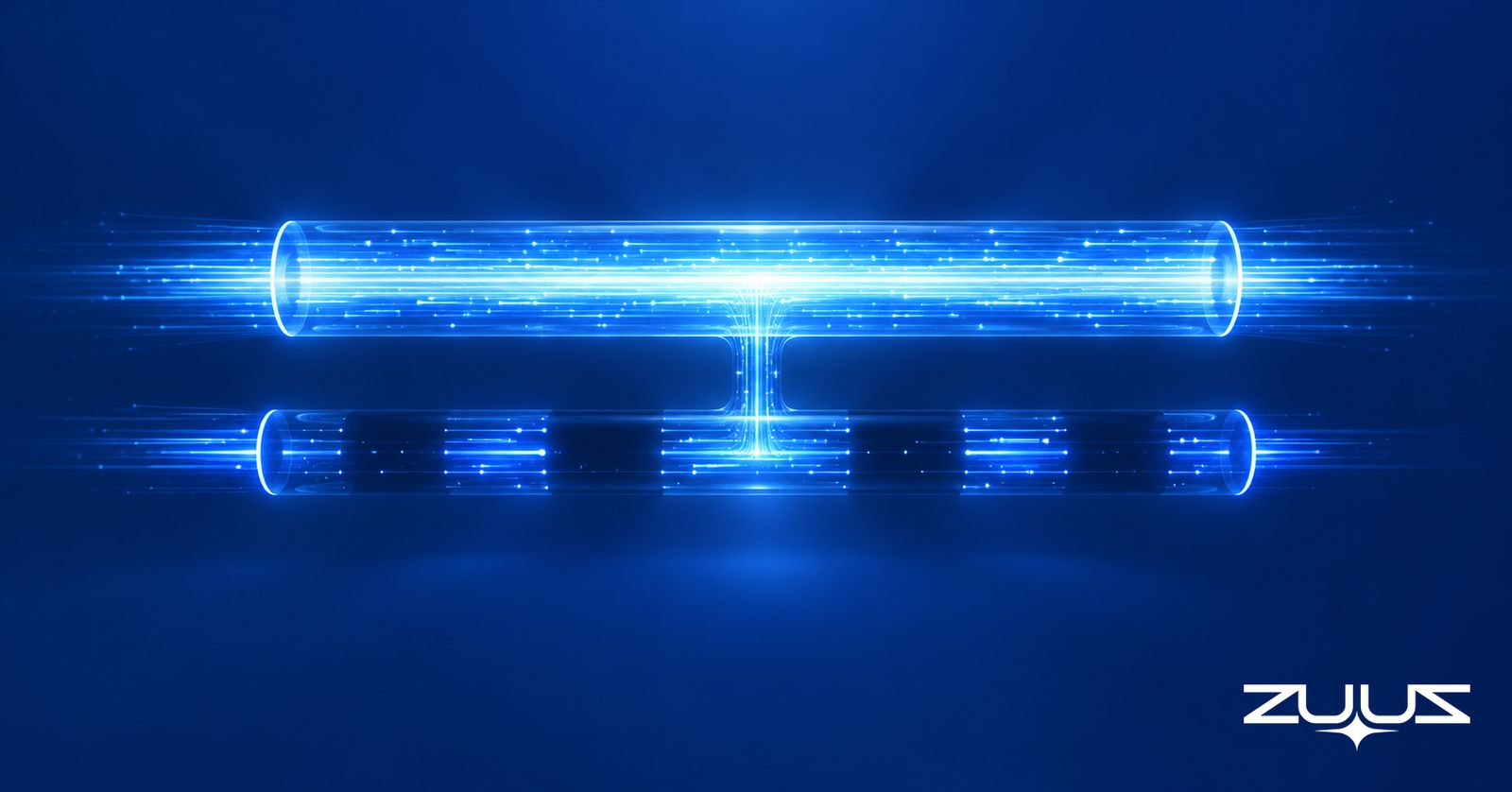 Two parallel light conduits joined by a thin bridge, one dense with bright flow, the other dim with gaps