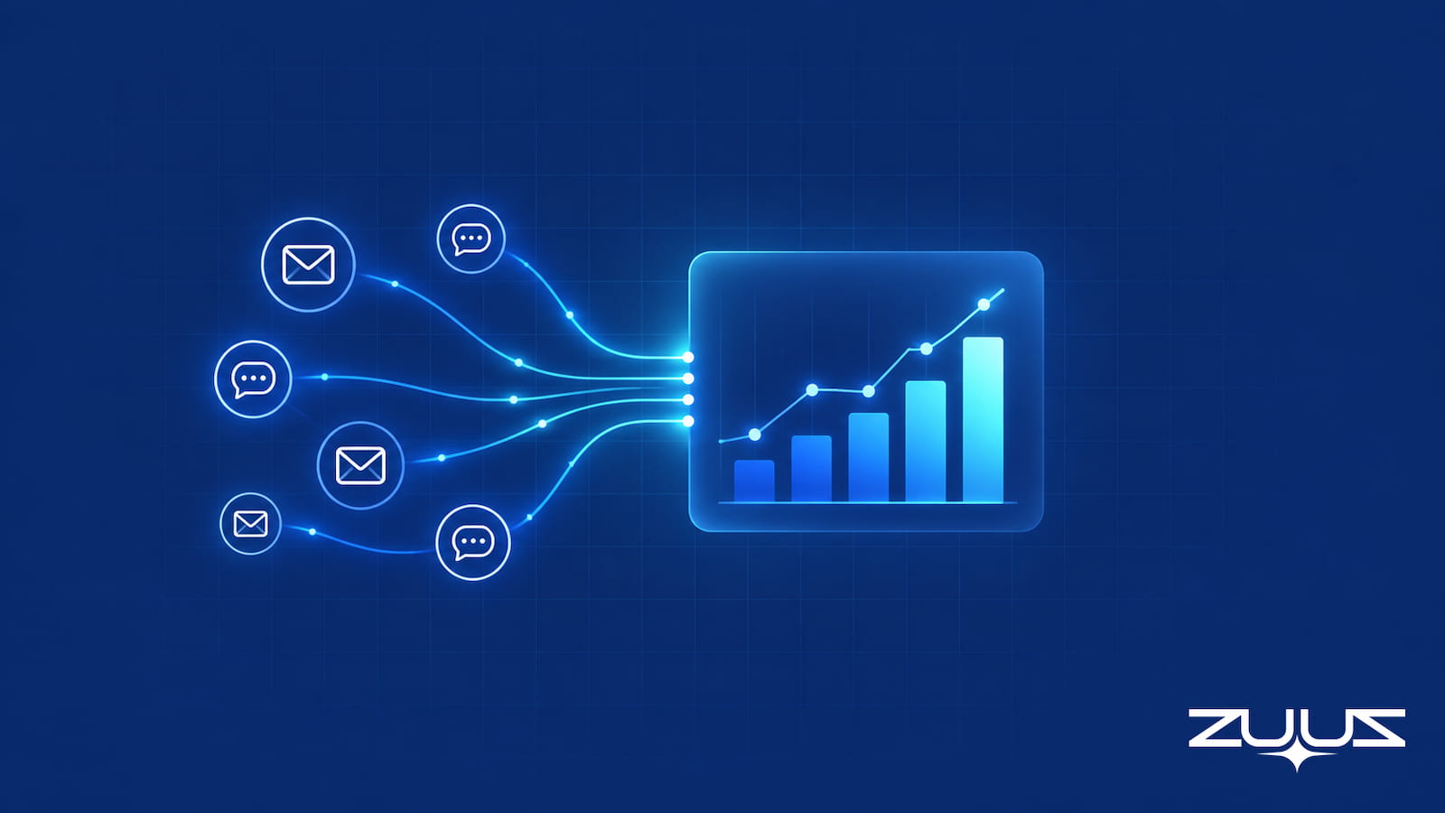 CRM reporting illustration: email and chat conversations flowing into a report dashboard