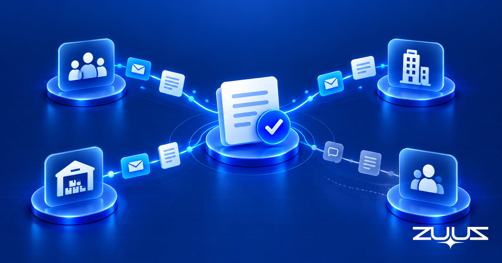 An approved deal registration at the center, connected by email and message threads to partner, vendor, distributor and customer icons, with one thread fading out