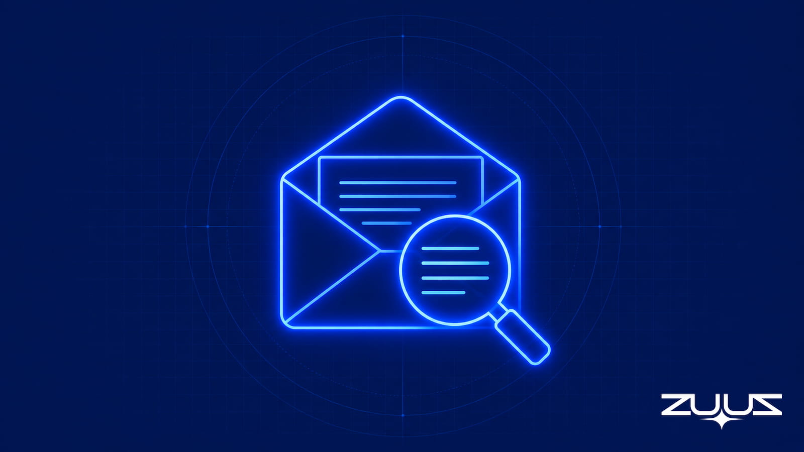 An envelope examined by a magnifying glass over lines of text, representing reading email content