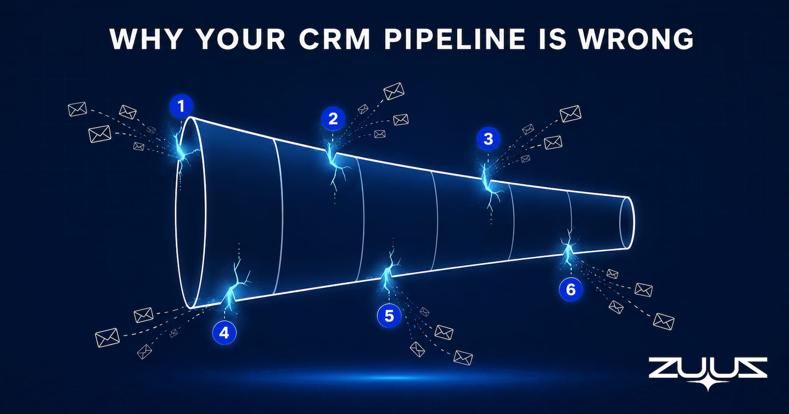 Illustration of a CRM pipeline funnel with six cracks representing the six root causes of pipeline data inaccuracy