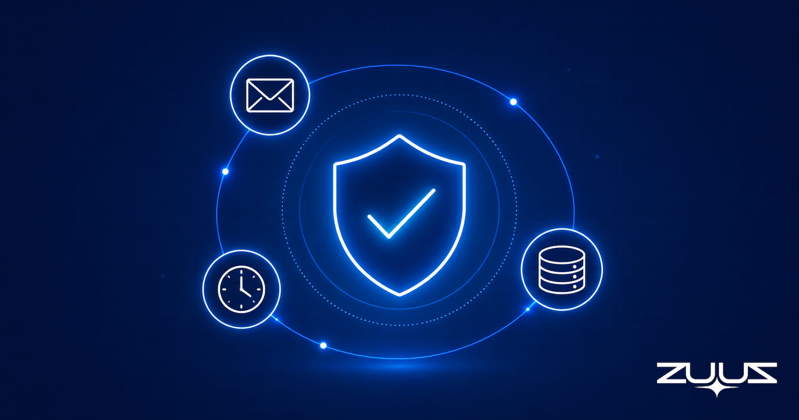 CRM data quality illustrated as a verified shield surrounded by email, timeliness, and database icons