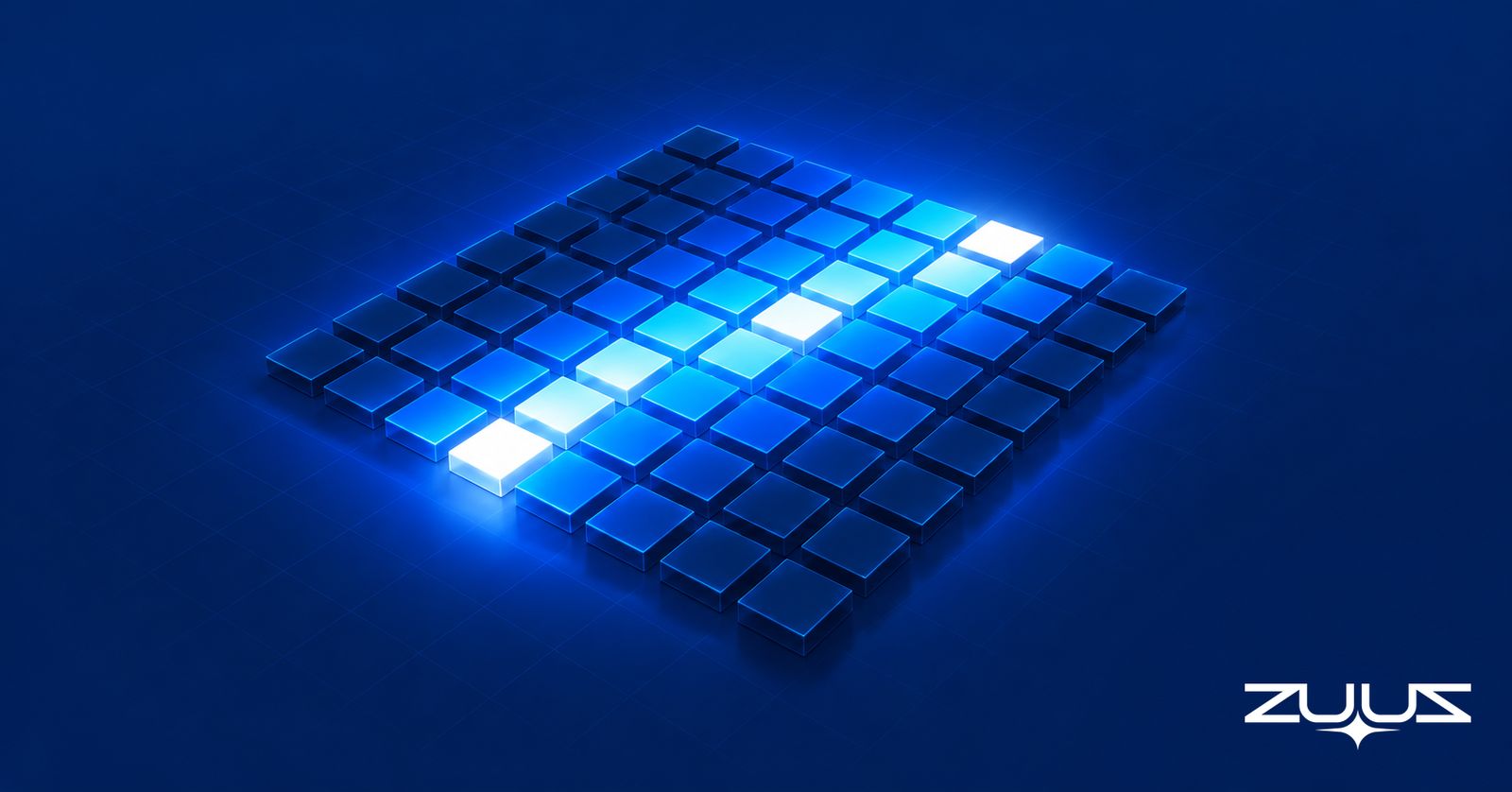 Perspective grid of glowing blue square tiles with a bright diagonal band crossing it on a deep navy background