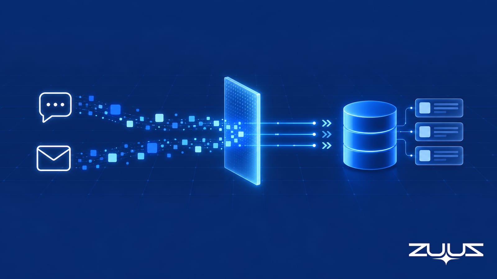 Conversations from LinkedIn messages and an email inbox flowing through an AI layer into structured CRM records