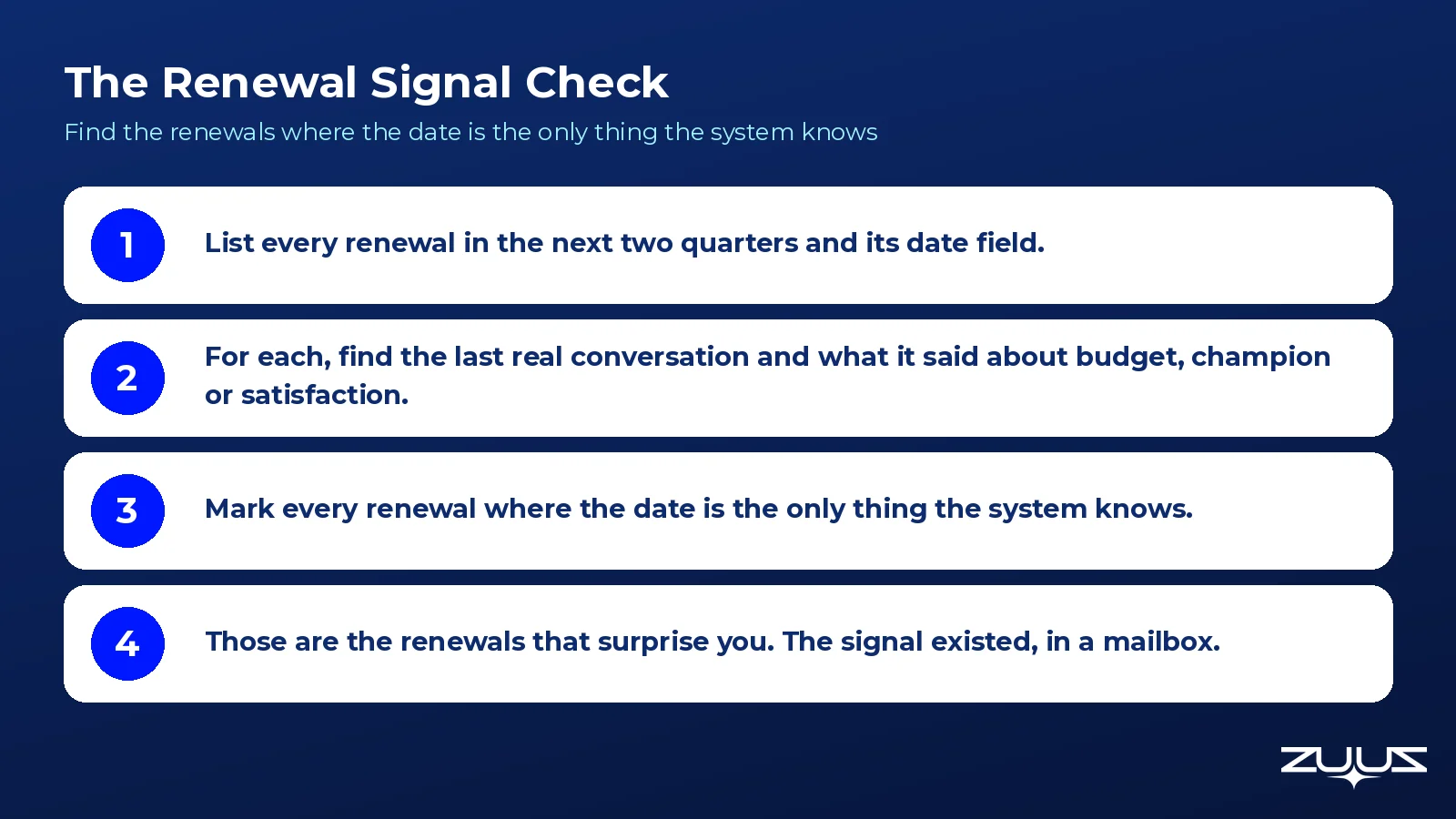The Renewal Signal Check, a four-step ZUUZ framework for finding MSP renewals where the agreement date is the only thing the system knows