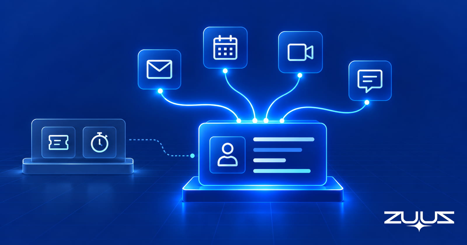 Email, calendar, meeting and message icons sending glowing lines into a client account card, with a dimmer ticket and timer panel off to the side