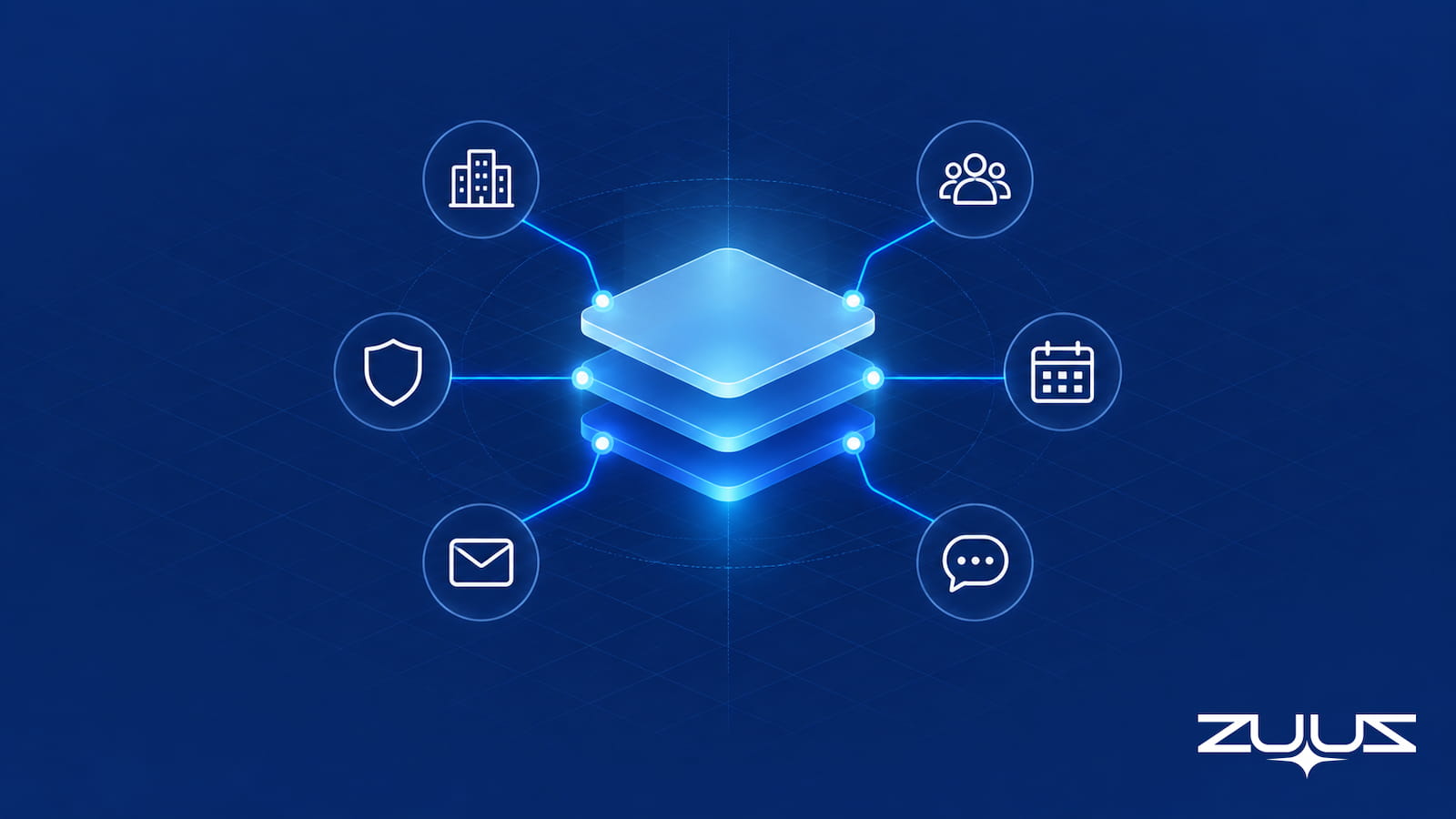 MSP sales pipeline hero illustration: client signals from office, hiring, security, calendar, email and chat connected to a central layered platform