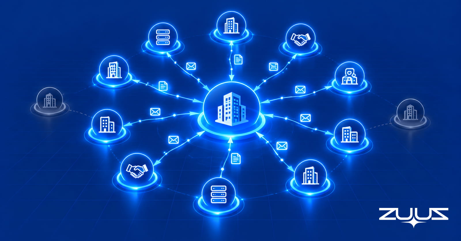 A vendor hub connected to a network of channel partners, with messages and quote requests flowing in from most partners while two quiet partners sit dimmed at the edges.