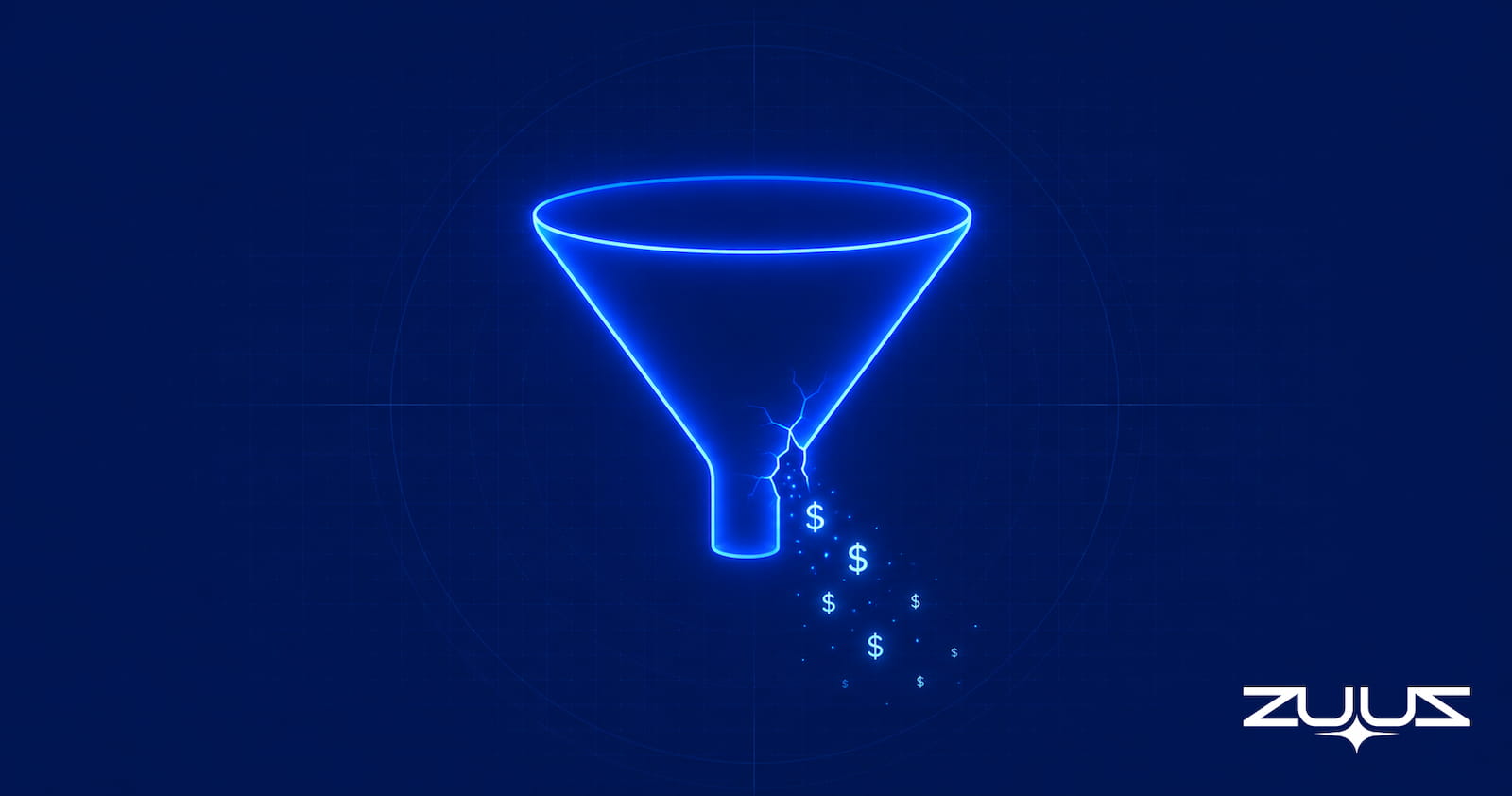 A cracked funnel with dollar signs leaking out, representing revenue leakage