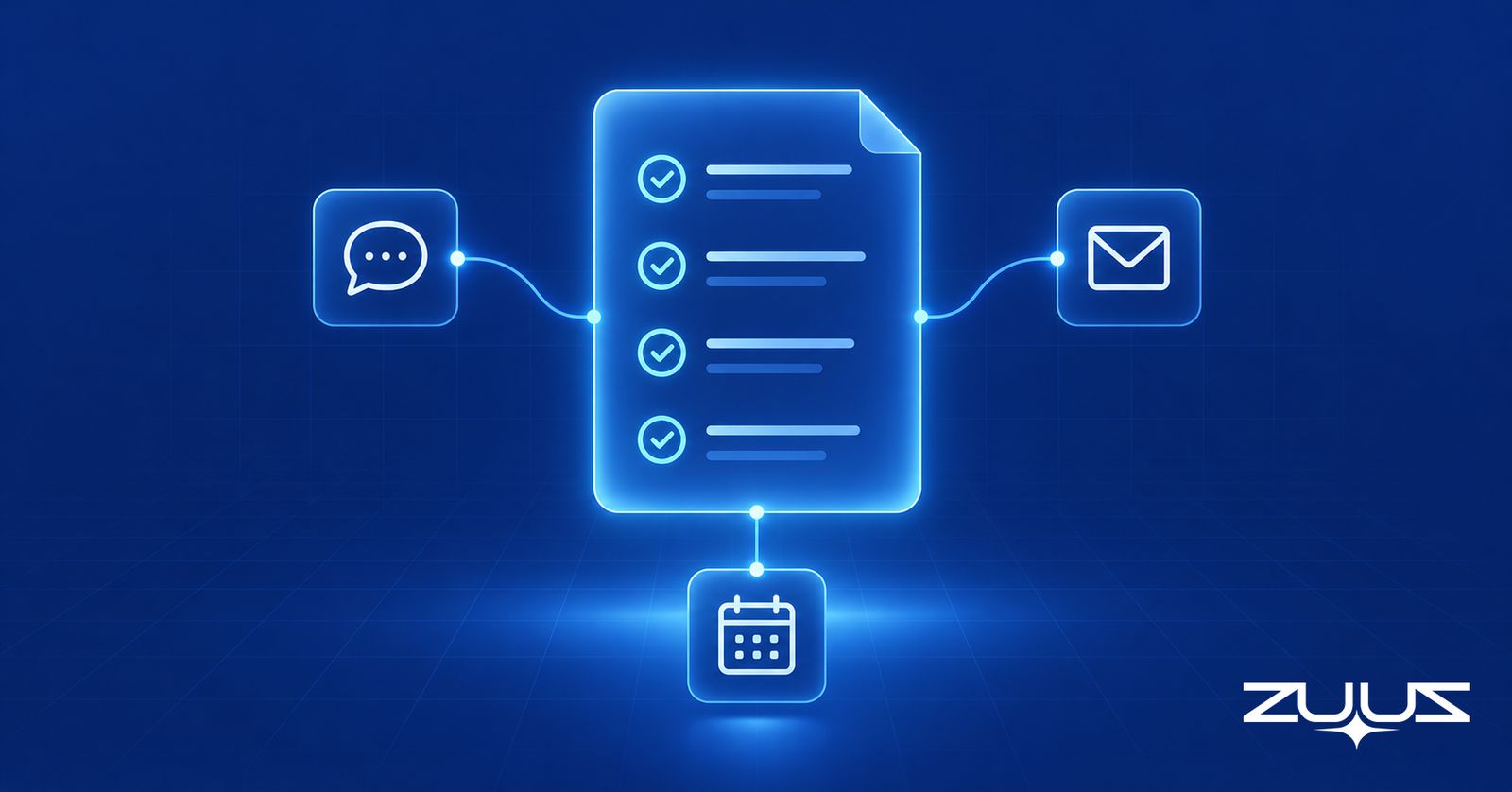 Glowing checklist card linked by light lines to chat, email and calendar icons on a navy background