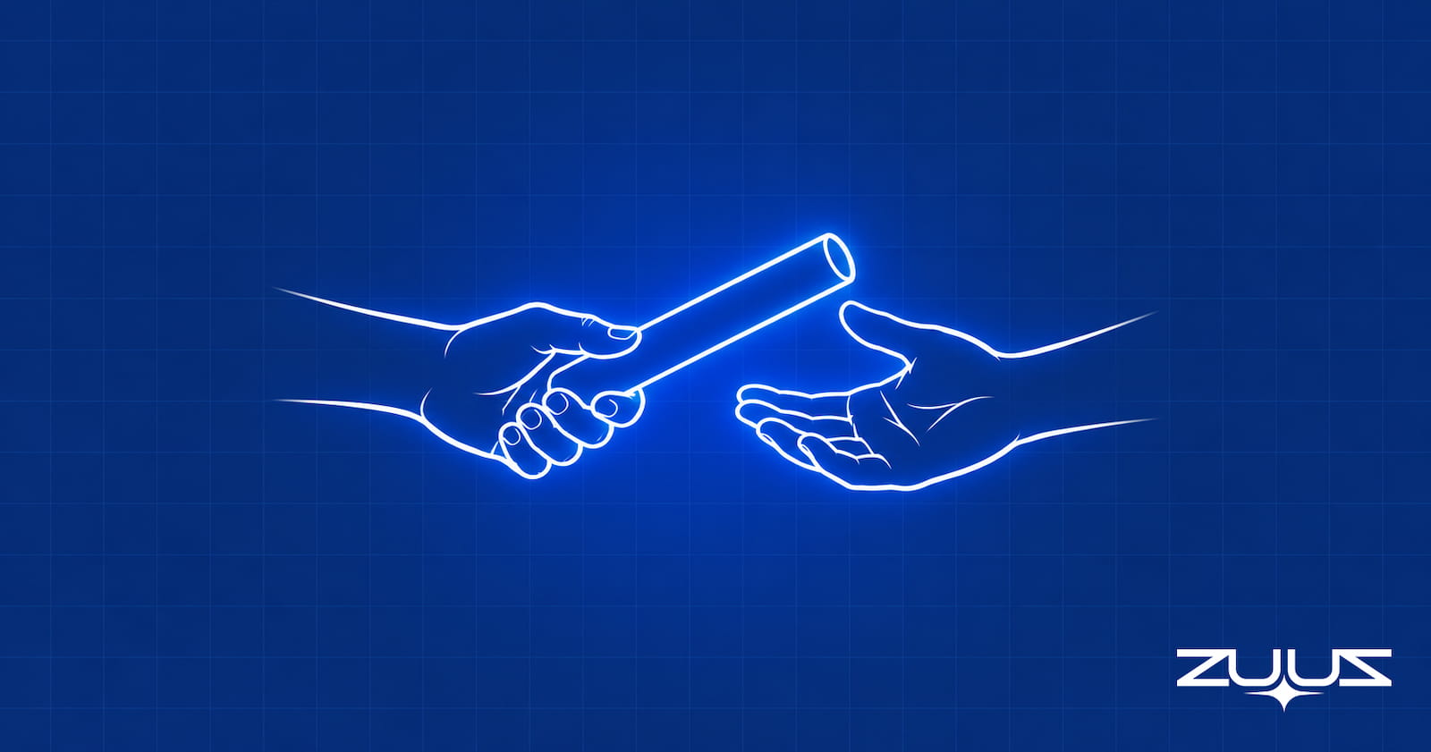 Sales handoff illustrated as a relay baton passed from one hand to another