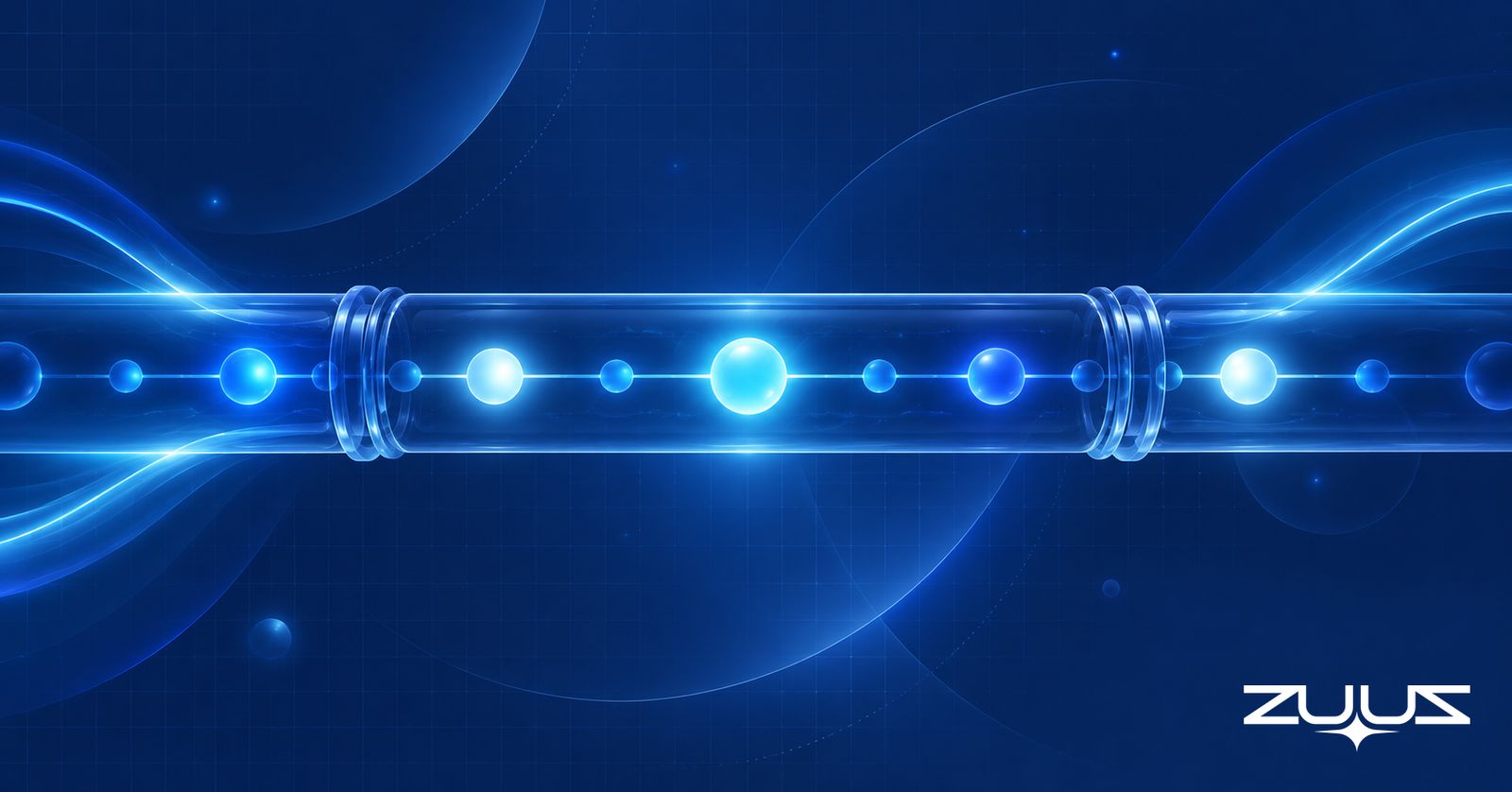 Abstract glass pipeline with glowing nodes, some bright and some dim, on a deep navy background