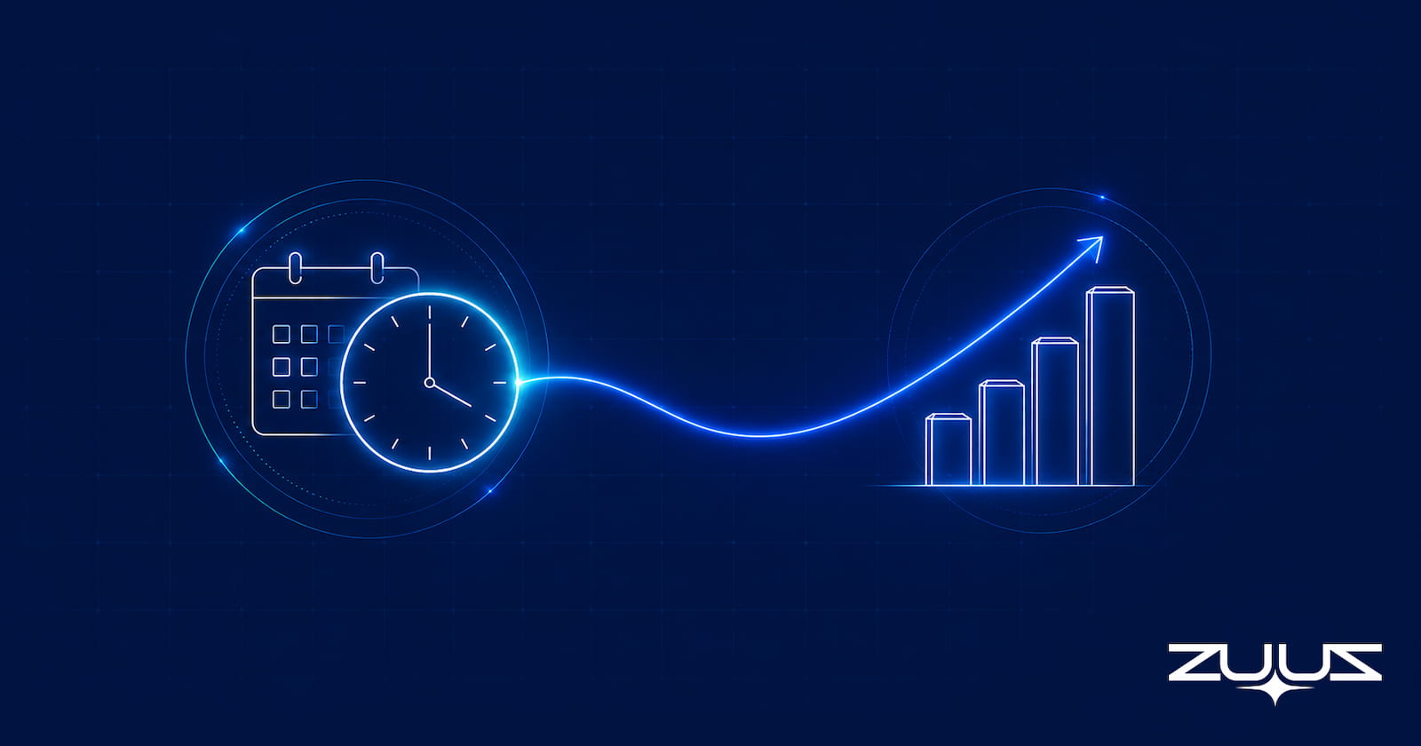 Abstract illustration of reclaimed sales rep time converting into rising productivity, ZUUZ branding