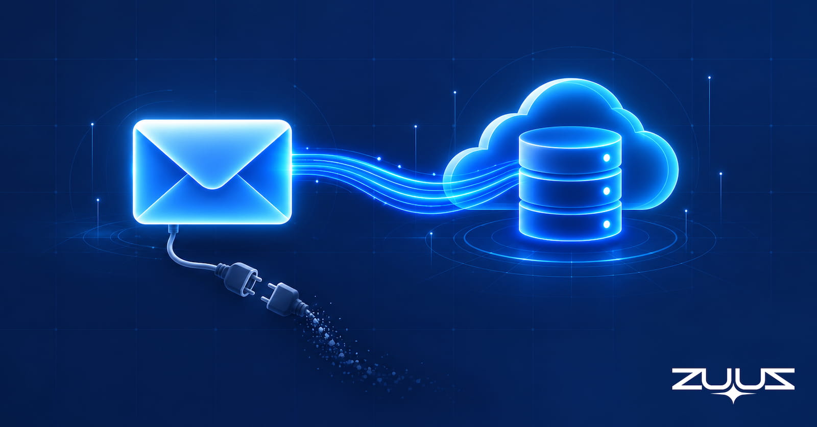 Salesforce for Outlook replacement cover image: an email envelope unplugging from a legacy connector and flowing into a cloud CRM database