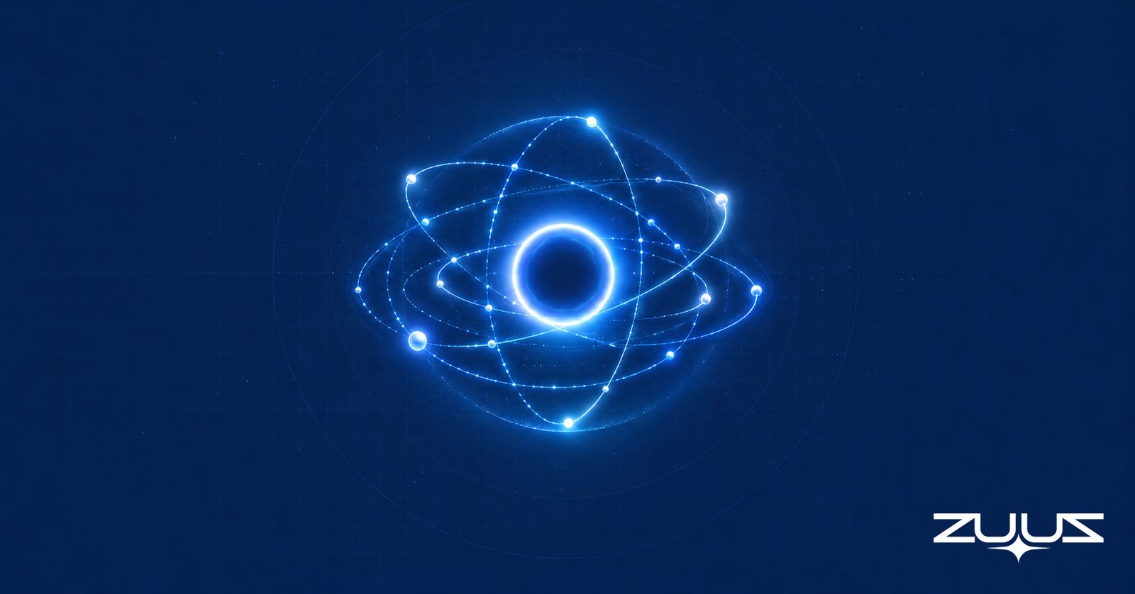 Glowing ring at the centre with luminous arcs orbiting it at different angles and bright nodes on each arc, on deep navy