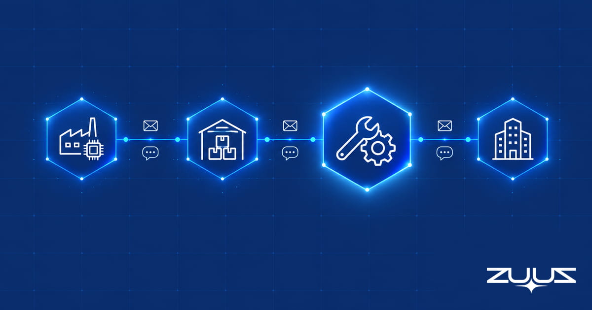 Abstract IT channel value chain from vendor to distributor to value added reseller to end customer, with message icons between each party
