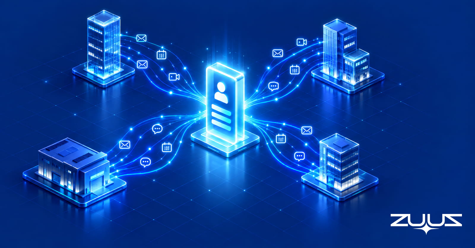 Four connected company buildings sending email, calendar, meeting and message signals into one central deal record