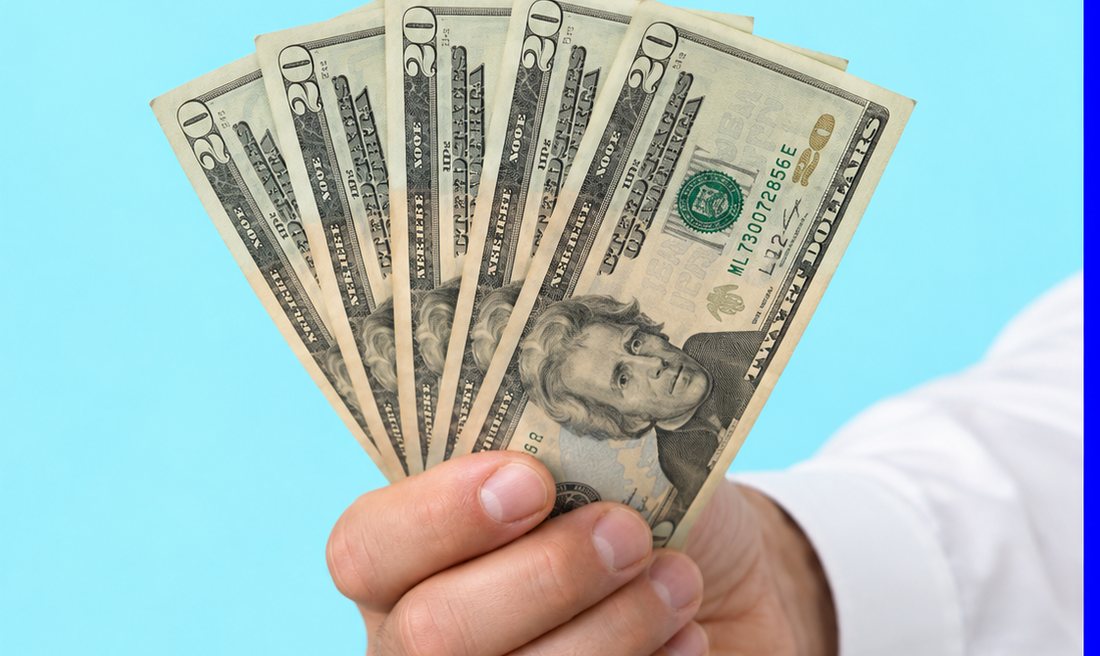 A hand holding out five twenty dollar bills