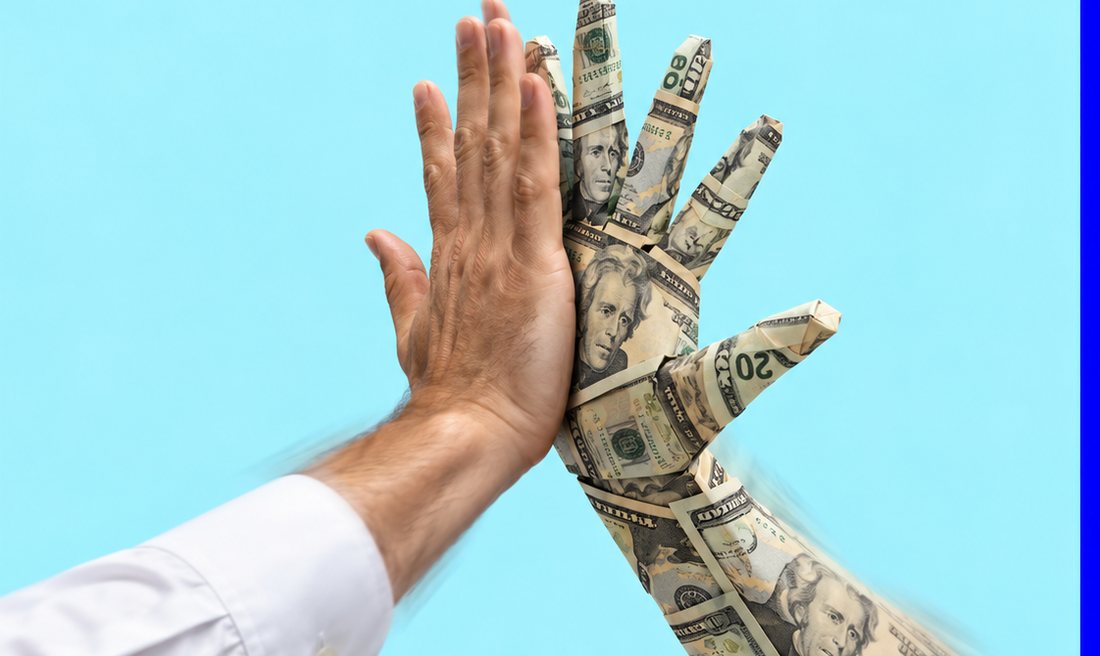 A high five with a hand made of twenty dollar bills